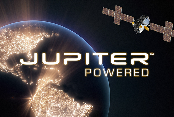 Jupiter Powered satellite flying above Earth