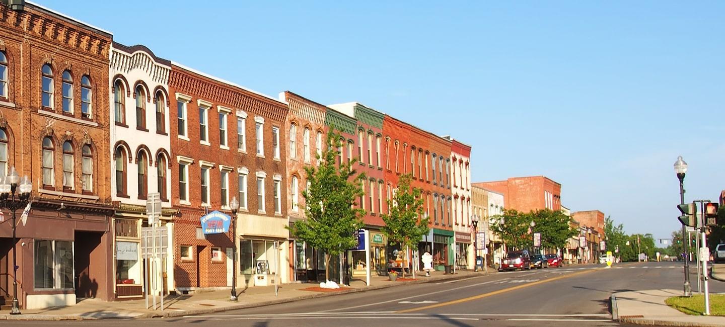 Small town main street with local businesses