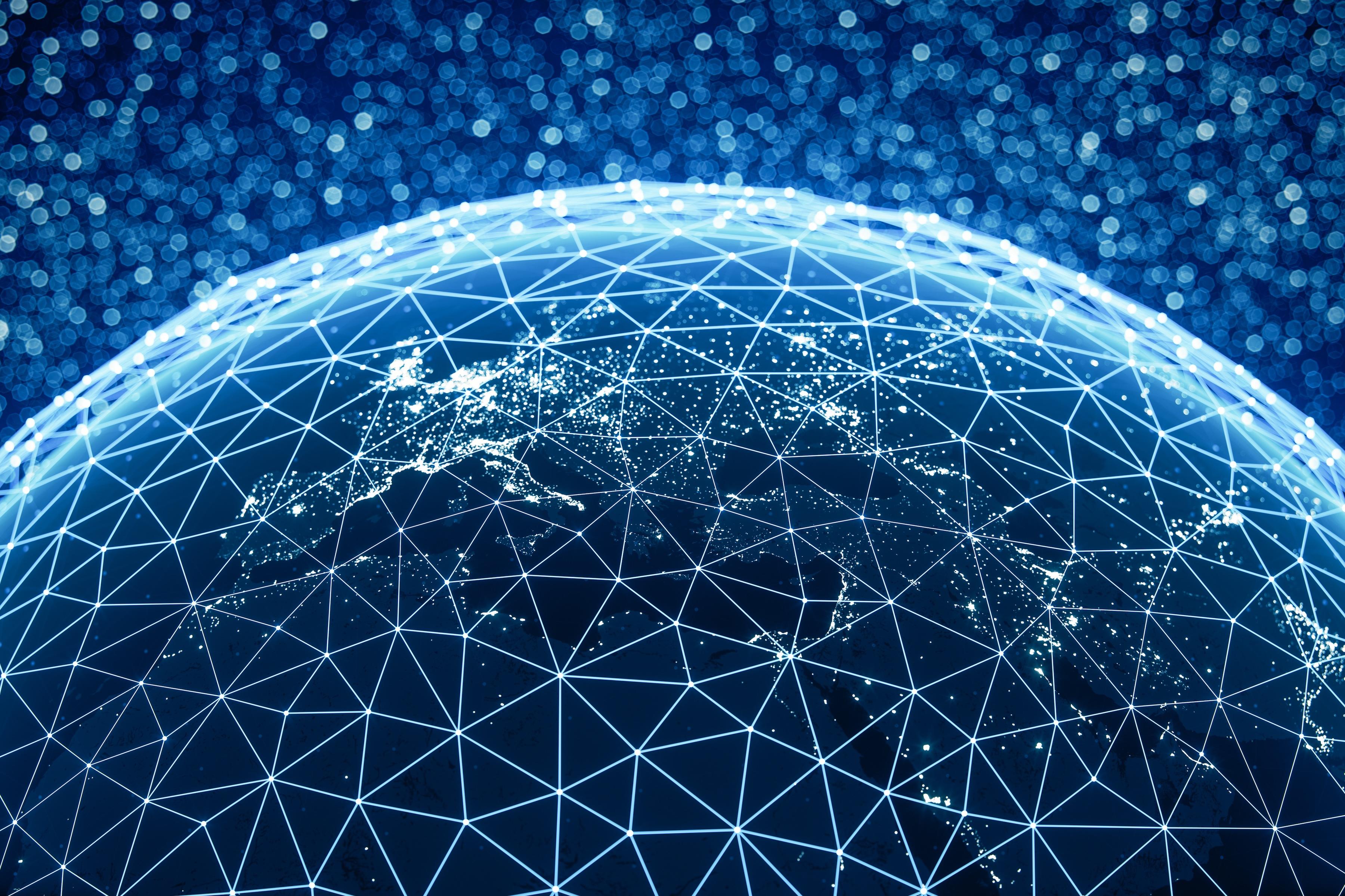 Digital globe with a glowing network, illustrating the reach of satellite internet.