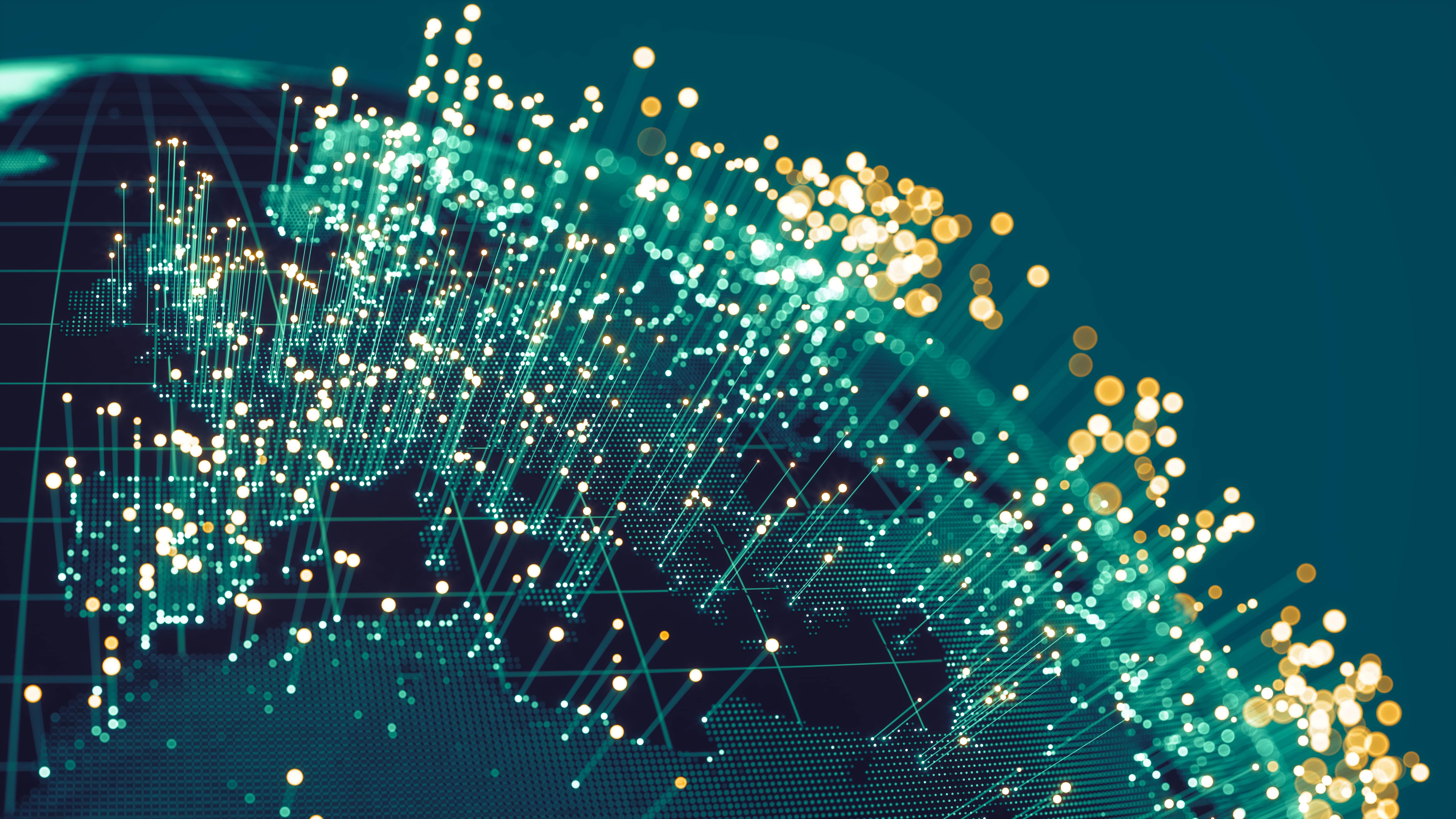 Digital network visualization of global internet bandwidth and data flow.