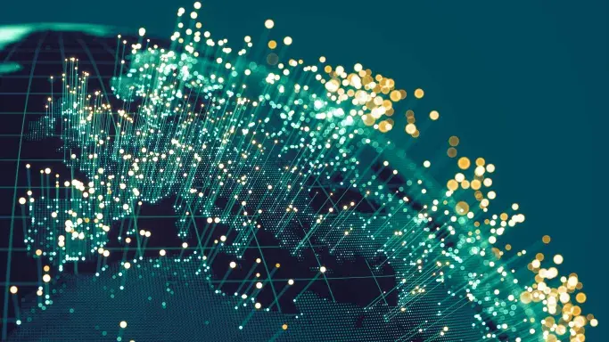 Digital network visualization of global internet bandwidth and data flow.