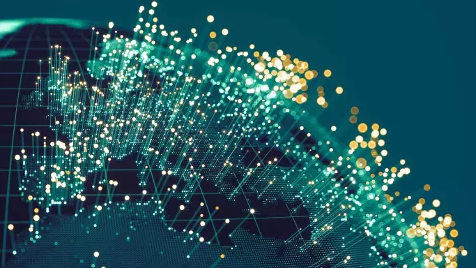 Digital network visualization of global internet bandwidth and data flow.